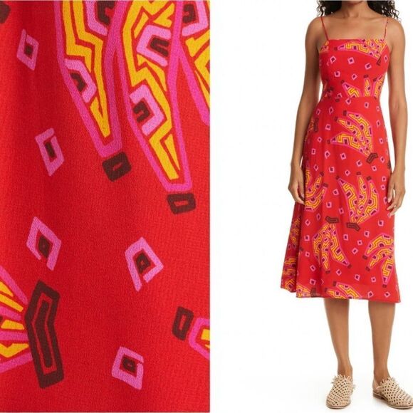 New FARM Rio Red Tiki Bananas Tie Back Dress Medium - Picture 1 of 16